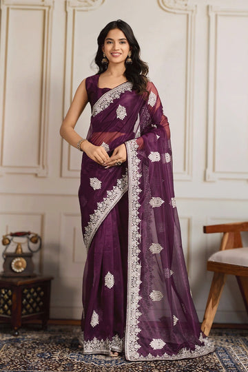 Designer Sequins  Embroidery Work Saree For Wedding