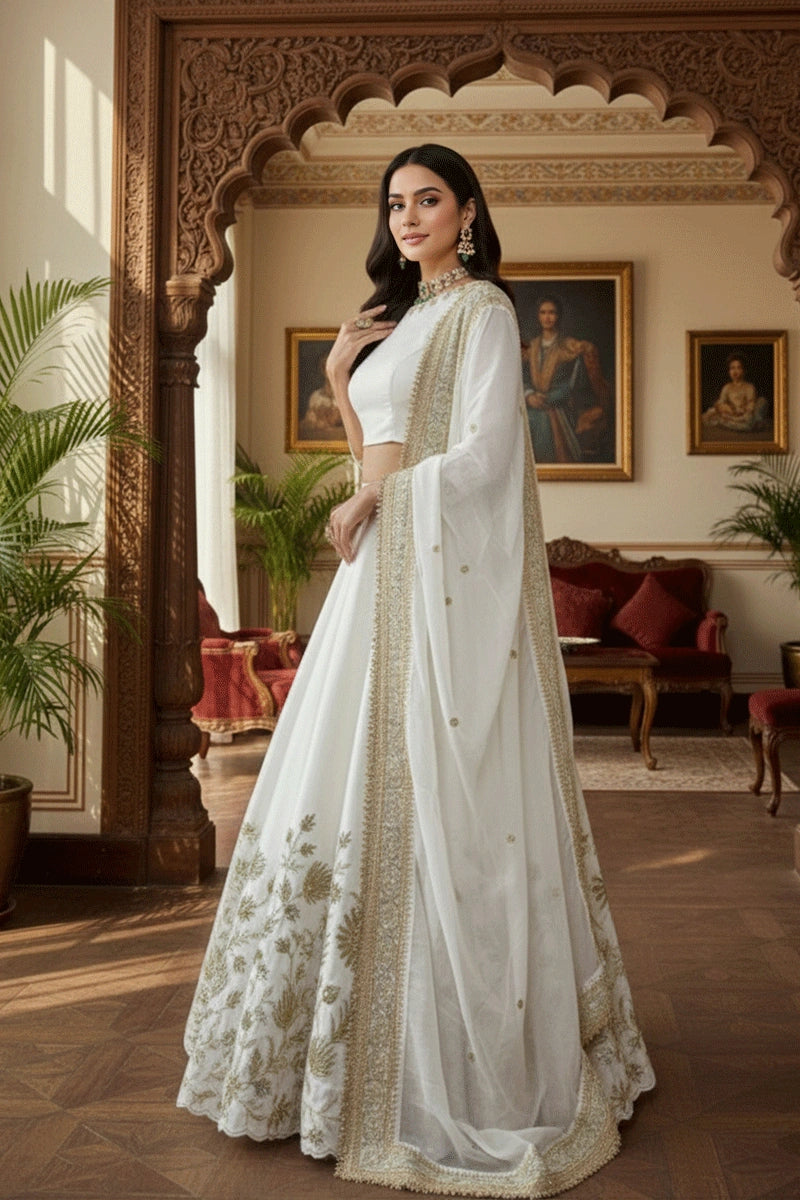 Latest White Color Zari Work Lehenga Choli For Brother Wedding
