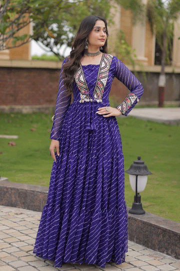 Ready To Wear Laheriya Print Work Gown For Raas Ramzat