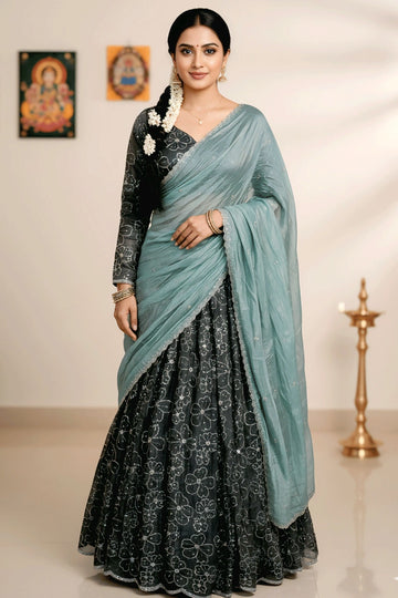 Traditional South Indian Style Embroidery Sequence Half Saree