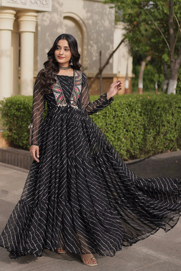 Laheriya Print Work Black Color Gown For Garba