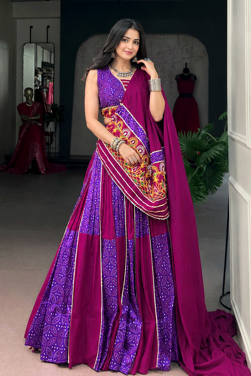 Traditional Real Mirror Work With Gamthi Dupatta Lehenga Choli For Navratri