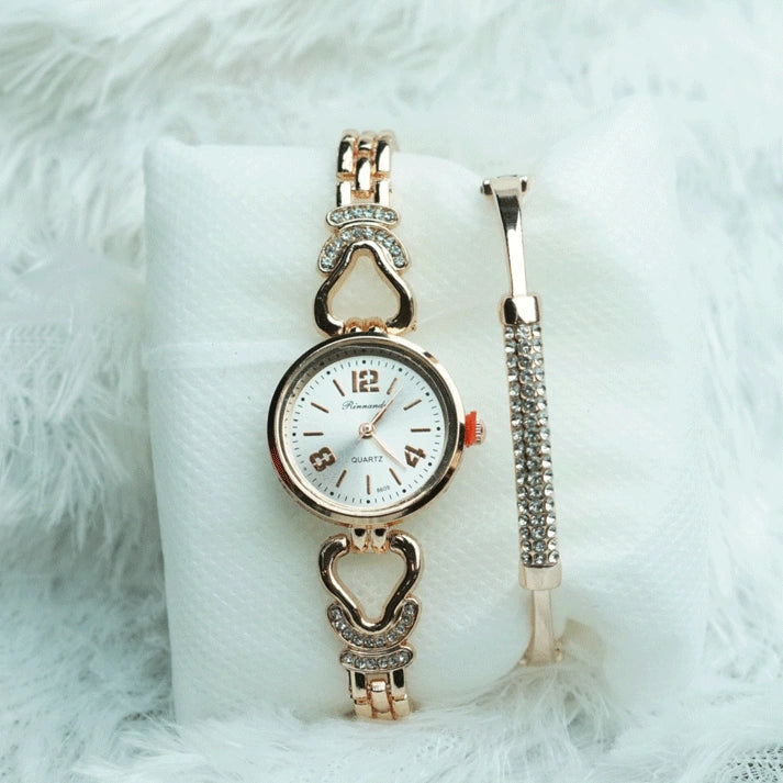 Classic Rose Gold Watch & Bracelet Combo For Girl