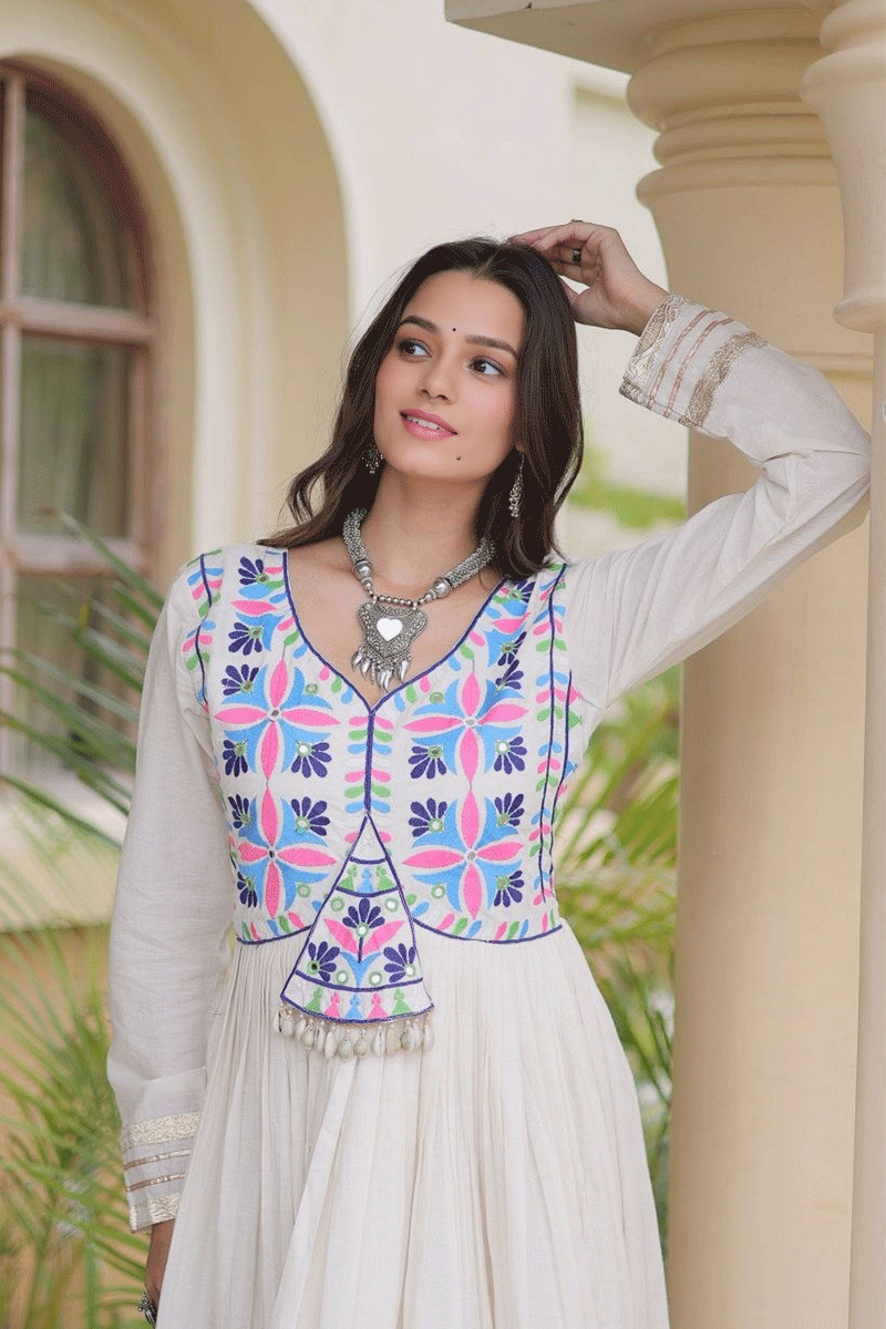 Navratri Night Wear white Color Long Sleeves Gown