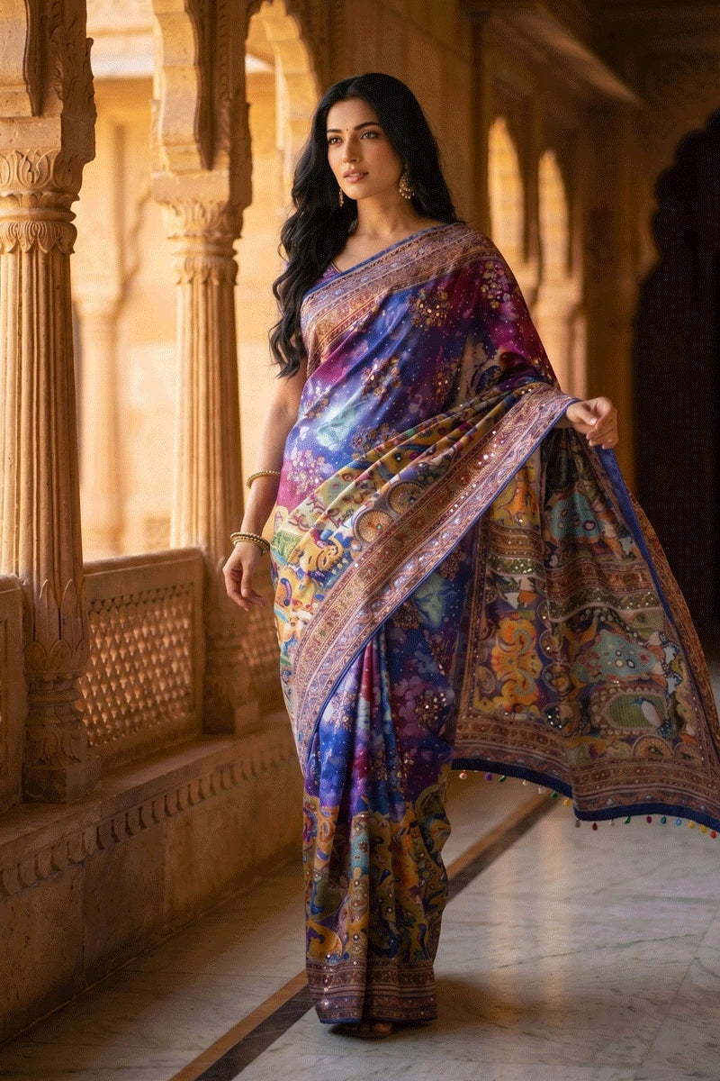Trendy Real Mirror Work Silk Saree For Women