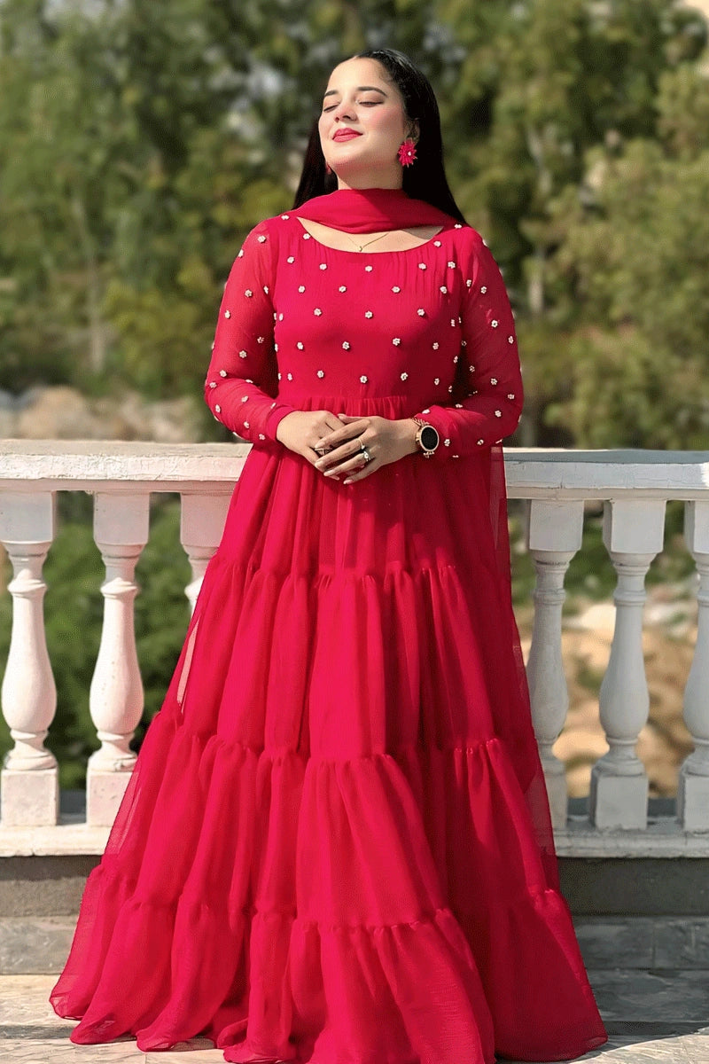 Karwa Chauth Look In Long Sleeves Anarkali Suit For Girl