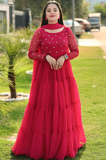 Karwa Chauth Look In Long Sleeves Anarkali Suit For Girl
