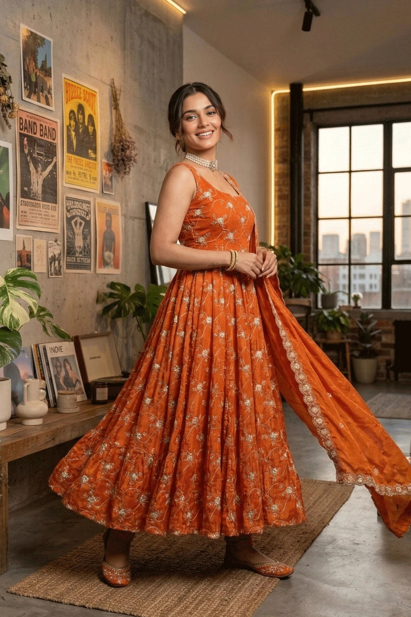 orange anarkali suit for pooja