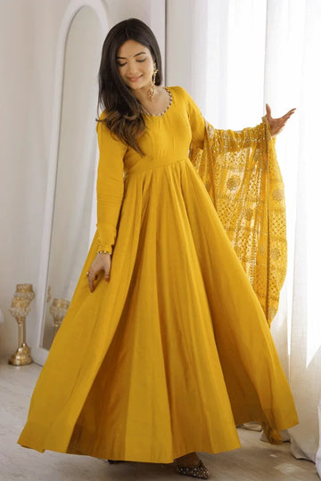 Haldi Function Special Floral Printed Fabric Anarakli Suit For Girl