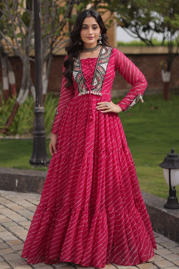 Navratri Special Pink Color Laheriya Print Work Gown For Women