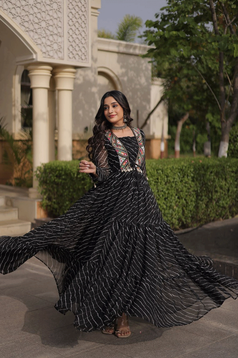 Laheriya Print Work Black Color Gown For Garba