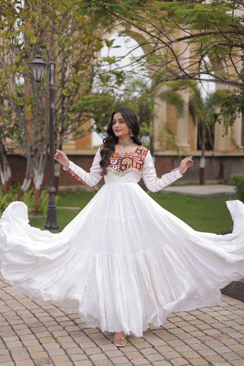 Navratri Special White Color Long Gown For Women