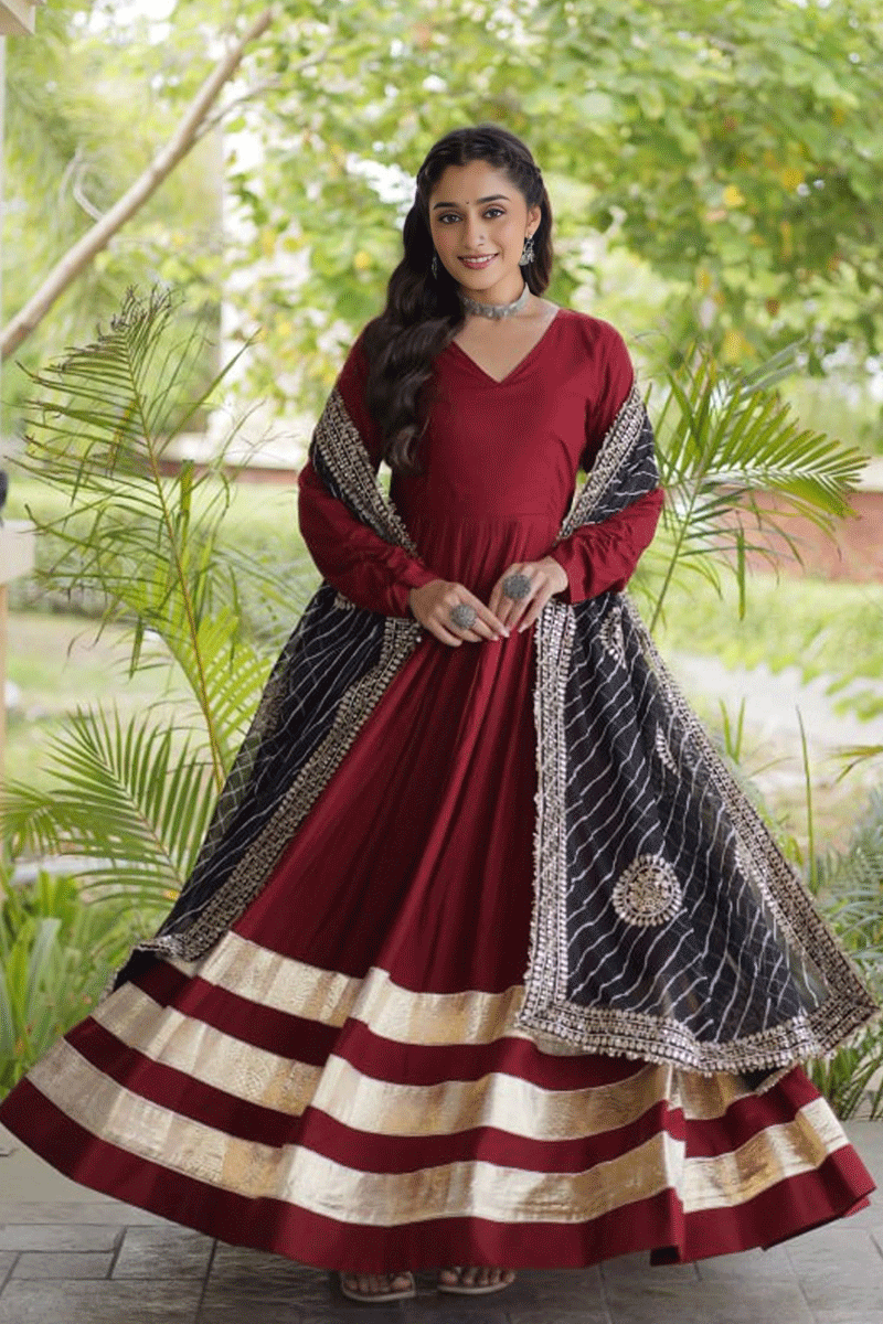 Designer Reyon Maroon Color Long Anarkali Suit For Diwali