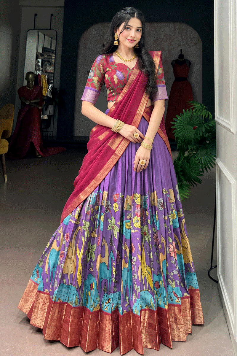 Kalamkari Dola Silk South Indian Half Saree For Women