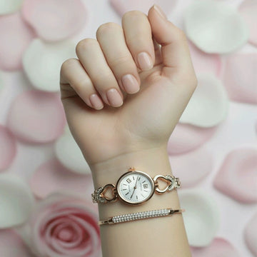 Classic Rose Gold Watch & Bracelet Combo For Girl