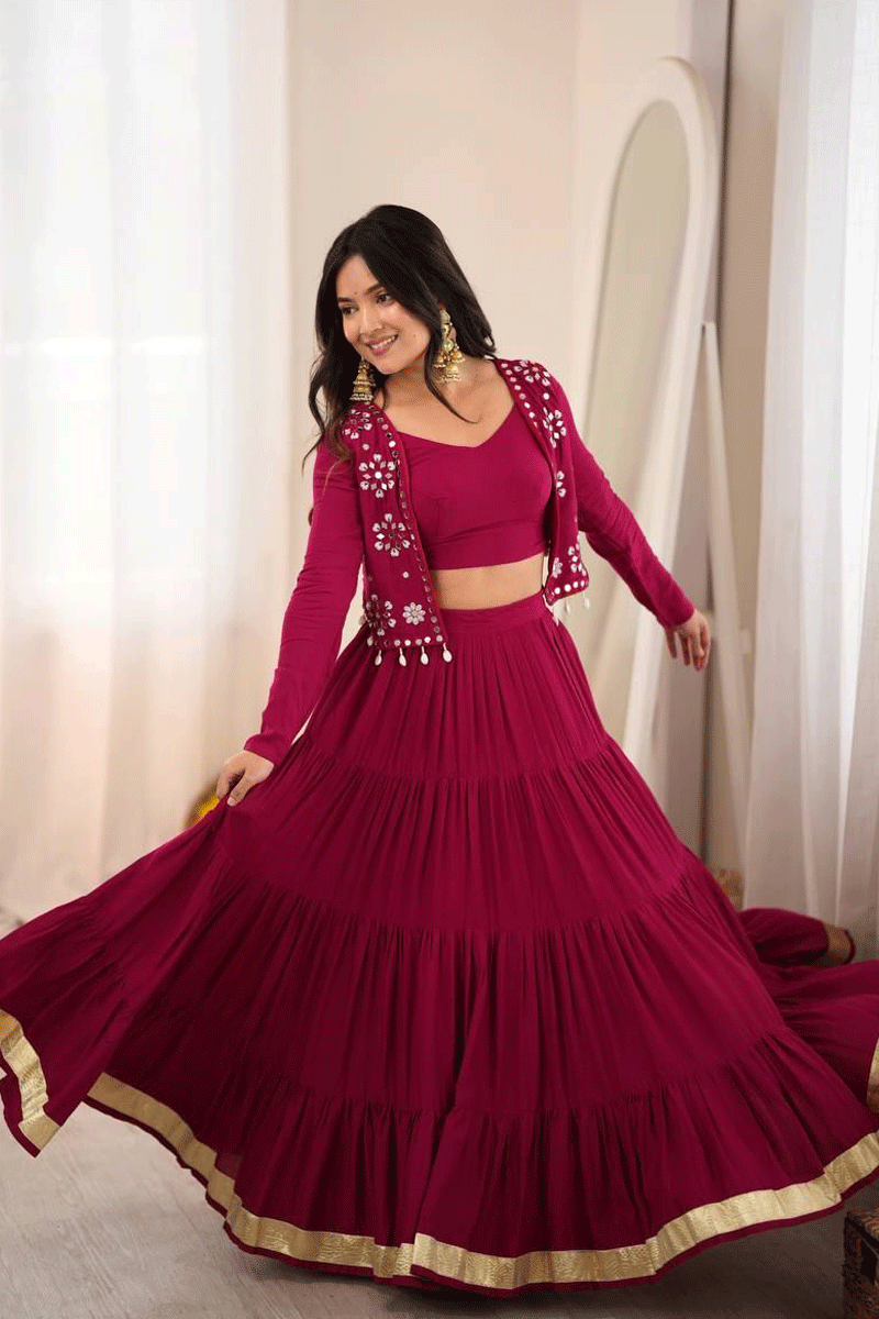 Fully Stitched Real Mirror Work Pink Color Lehenga Choli For Dandiya