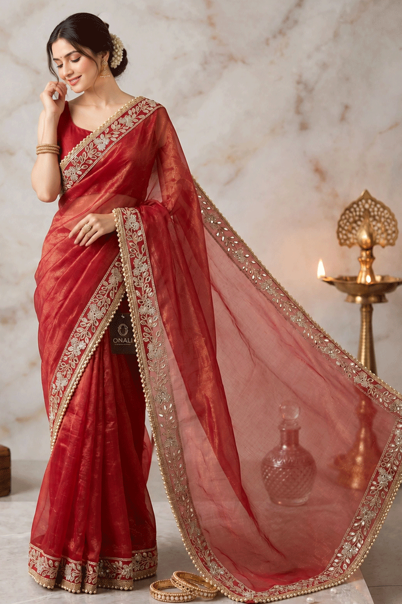 Designer Embroidery With Real Mirror Work Saree For Pooja