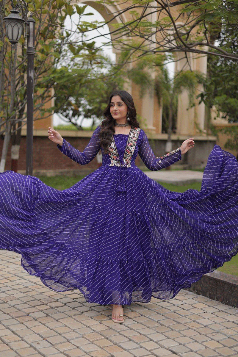 Ready To Wear Laheriya Print Work Gown For Raas Ramzat