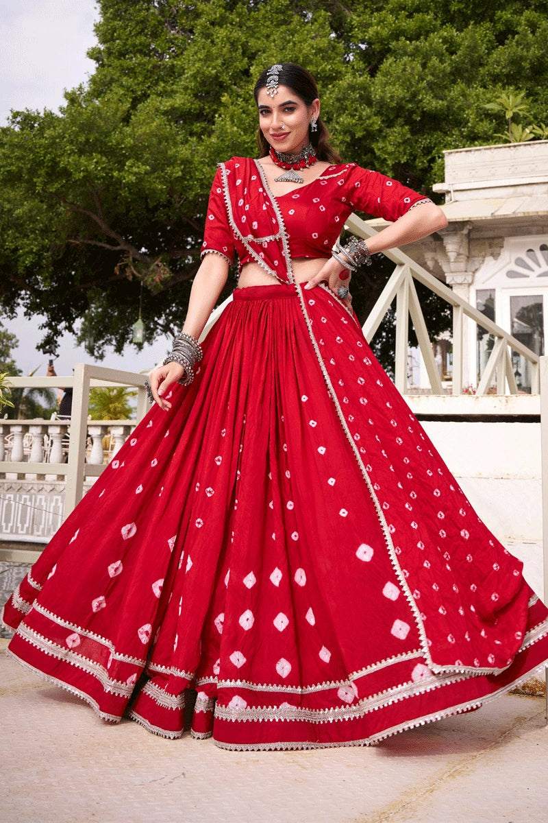 Red Color Fully Stitched Bandhani Print Lehenga Choli For Women