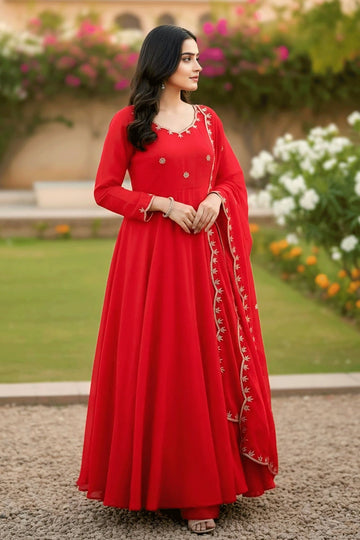 Red Color Long Sleeves Dress For Karwa Chauth Festival