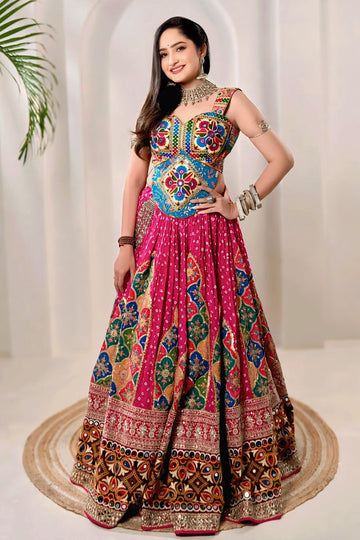 Real Mirror Work With Bandhani Print Ghagra Choli For Navratri