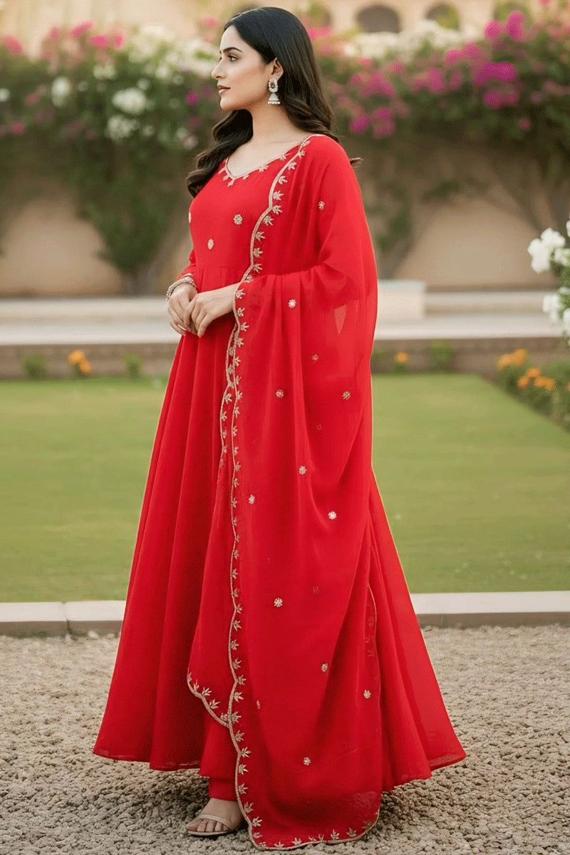 Red Color Long Sleeves Dress For Karwa Chauth Festival