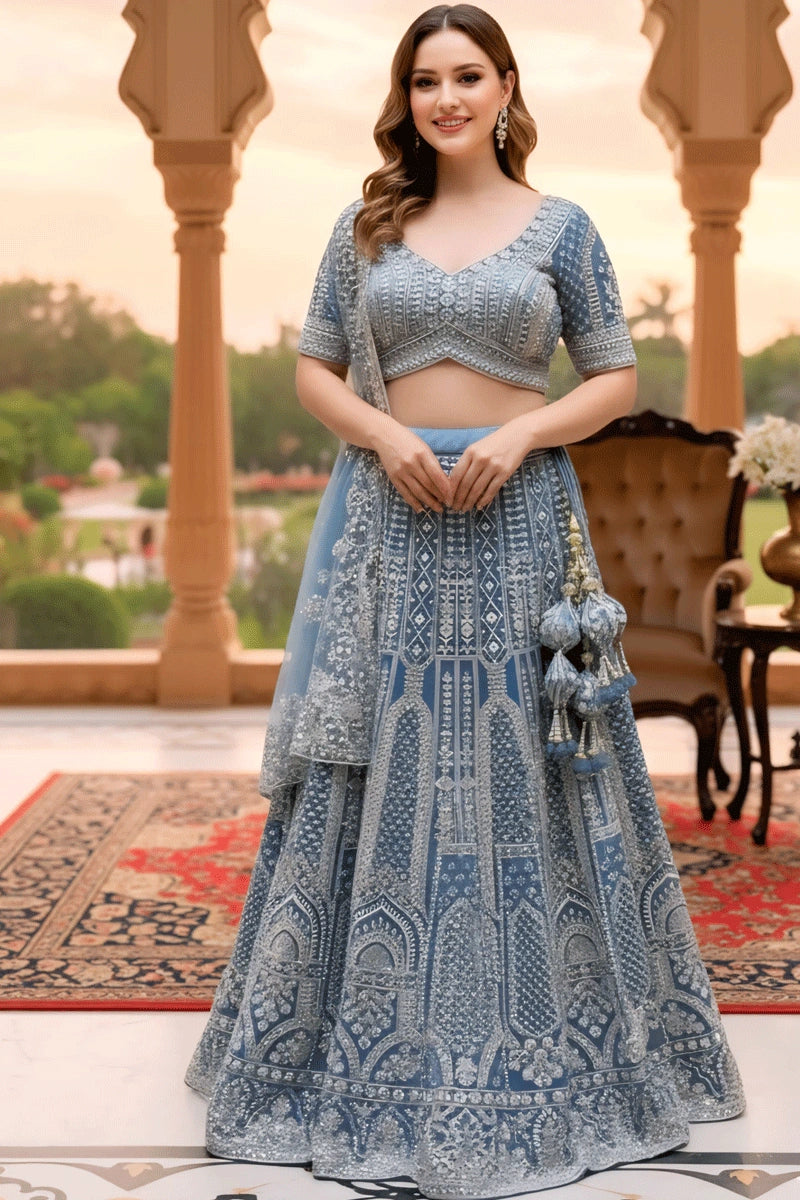 Designer Butterfly Net Sequins Embroidery Work Lehenga Choli For Reception