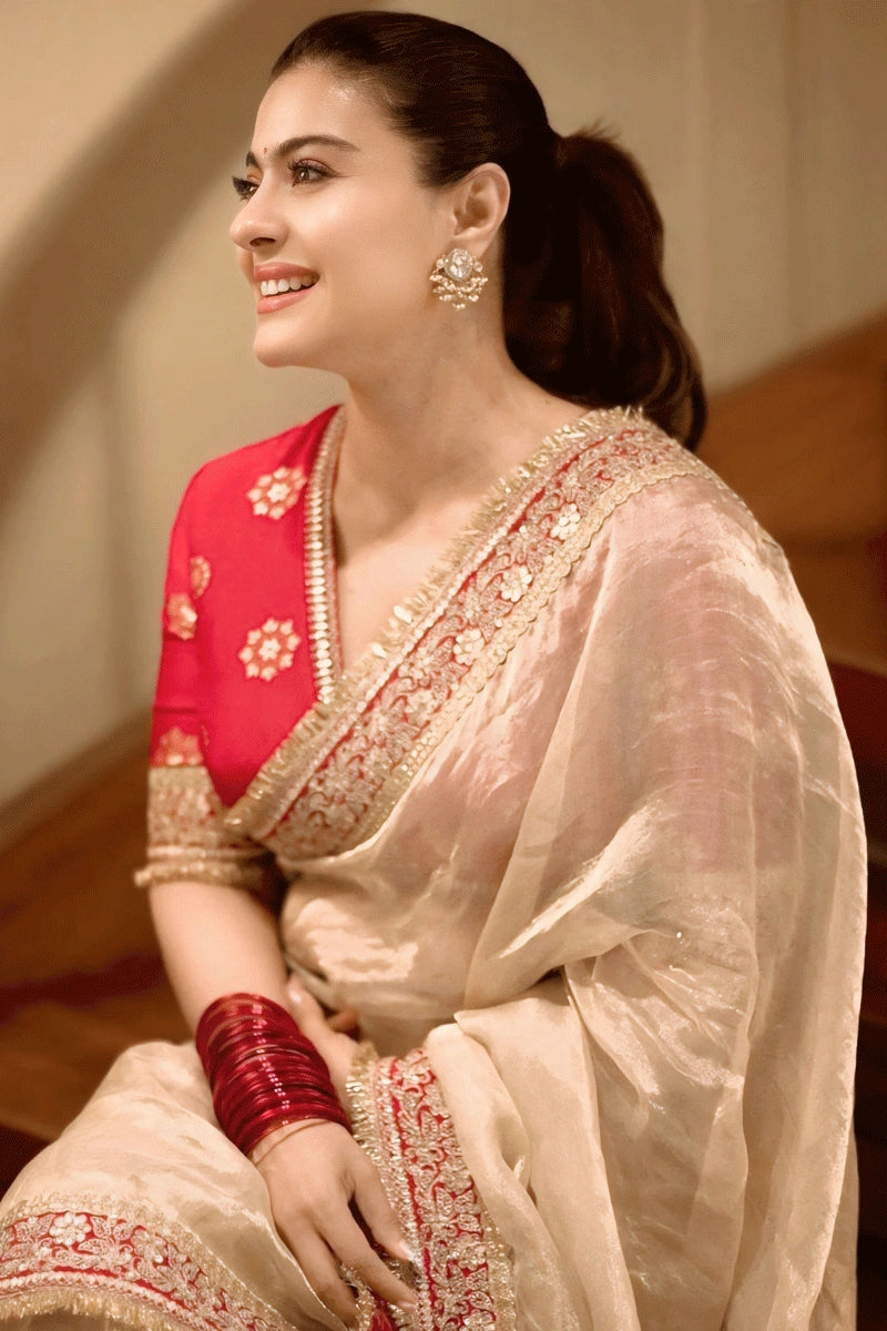 Bollywood Actress Kajol Devgan Sequance Embroidery Saree