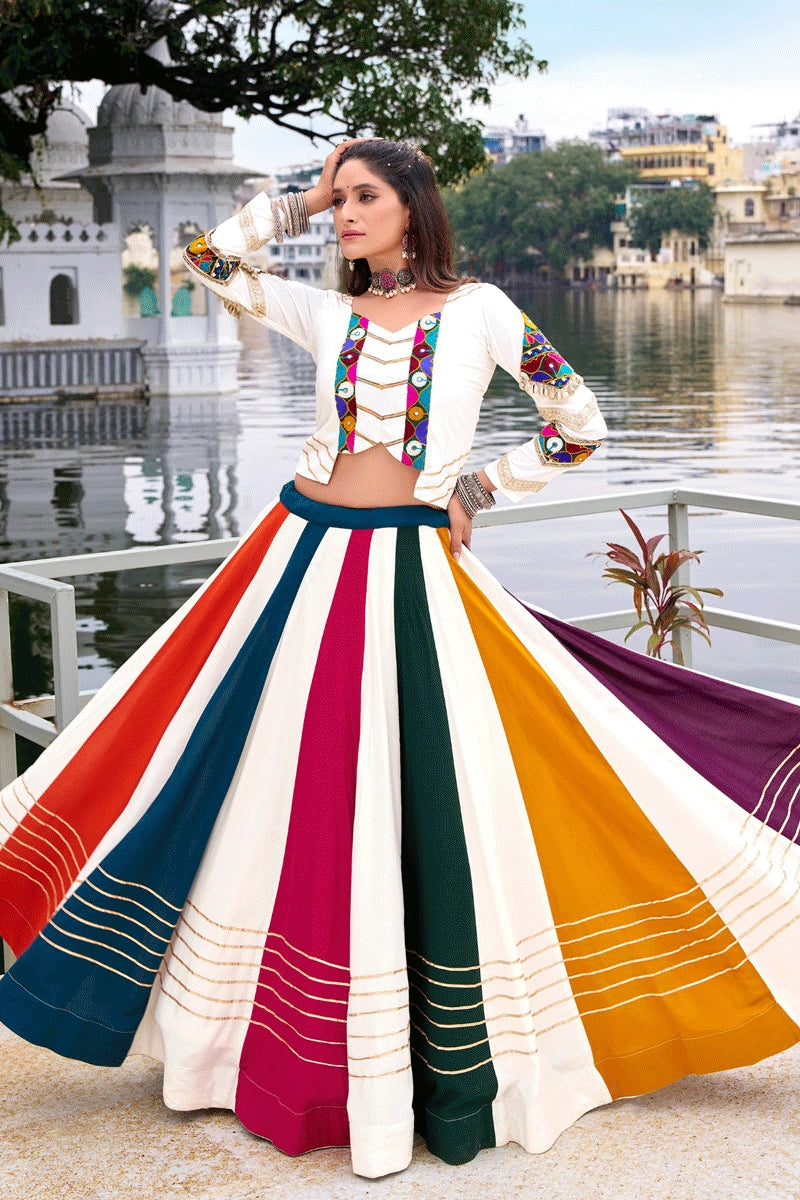 Full Slevees Fully Stitched Multicolor Lehenga Choli For Garba