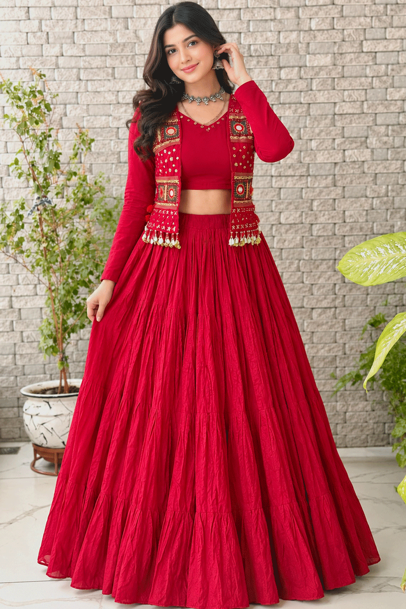 Fully Stitched Embroidery With Real Mirror Work Lehenga Choli For Raas Ramzat