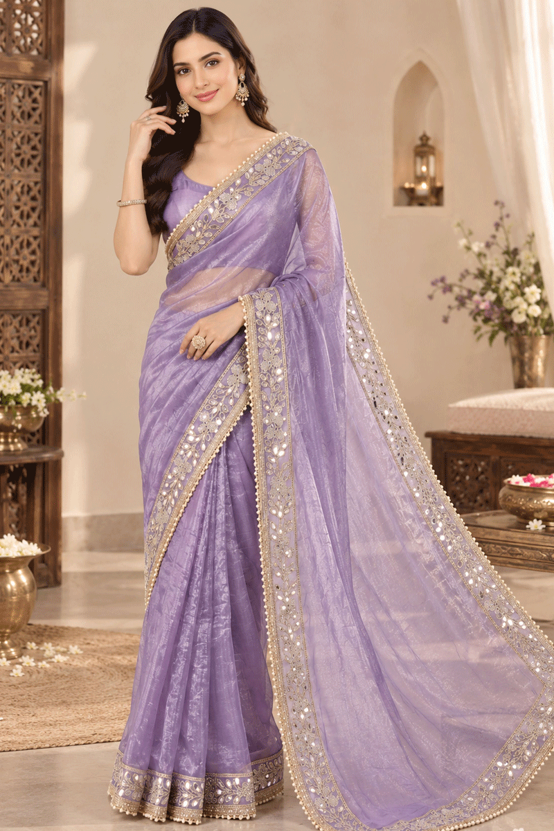 Designer Party Wear Embroidery With Real Mirror Work Saree