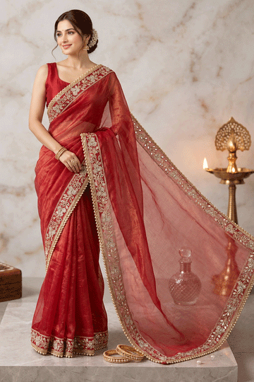 Designer Embroidery With Real Mirror Work Saree For Pooja