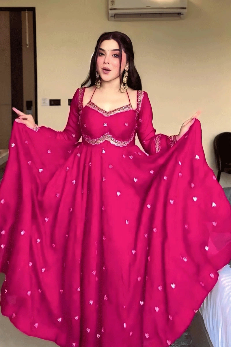 Pink Color Embroidery Work Anarkali Suit For Teenage Girl