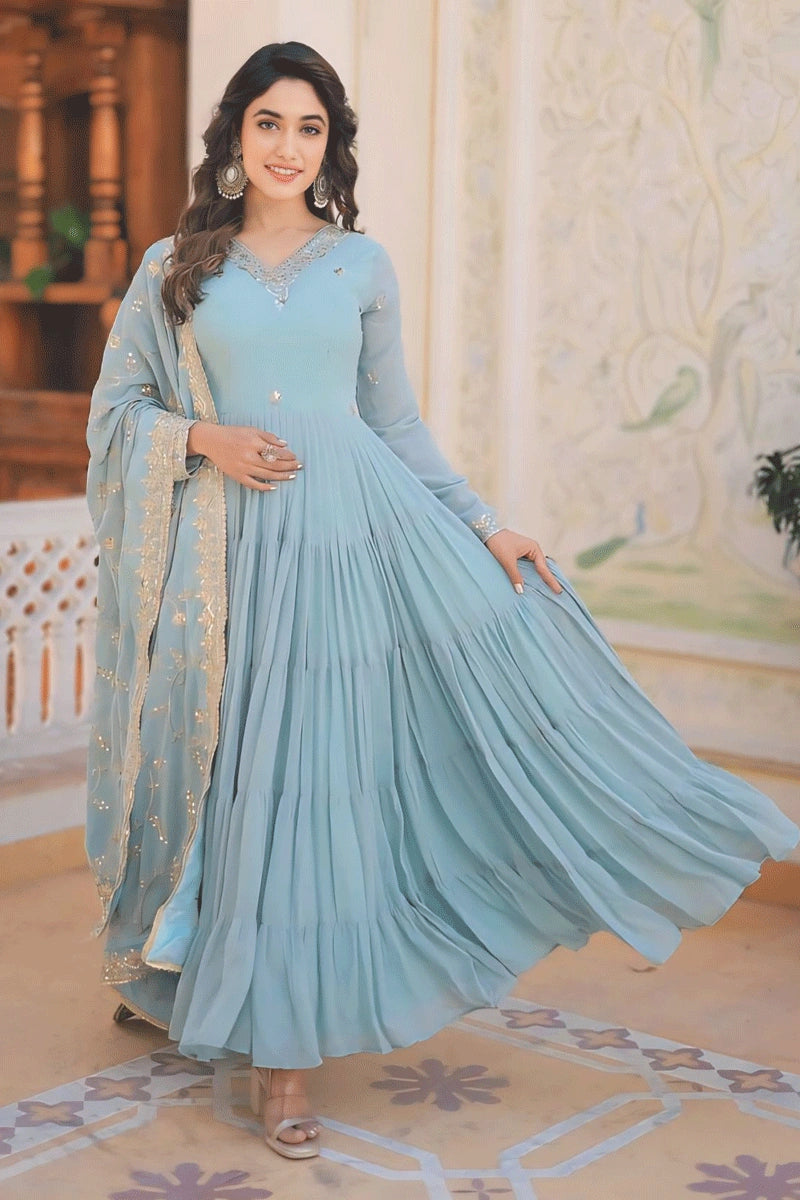 Sky Blue Colour Layer Gown For Diwali Special Outfits