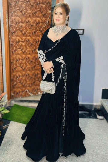 Black Color  Velvet Saree For Sangeet Function