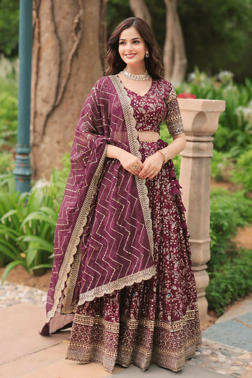 Jacquard Designer Wine Colour Lehenga Choli For Sangeet