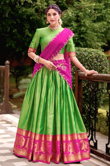 South Indian Style Zari Work Half Saree For Girl