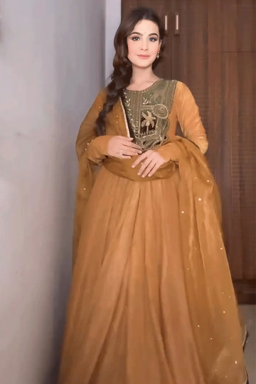 Mustard Long Gown With Dupatta For Wedding Function