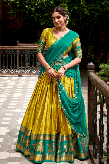 Onam Festival Special Yellow Color Half Saree For Women