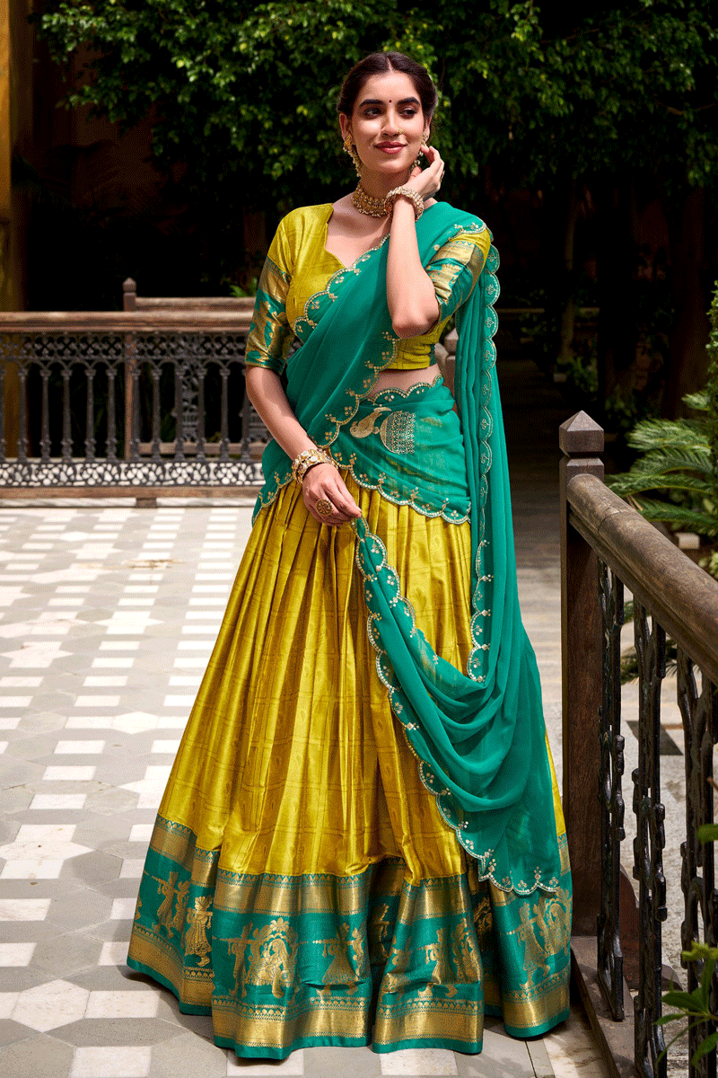 Onam Festival Special Yellow Color Half Saree For Women