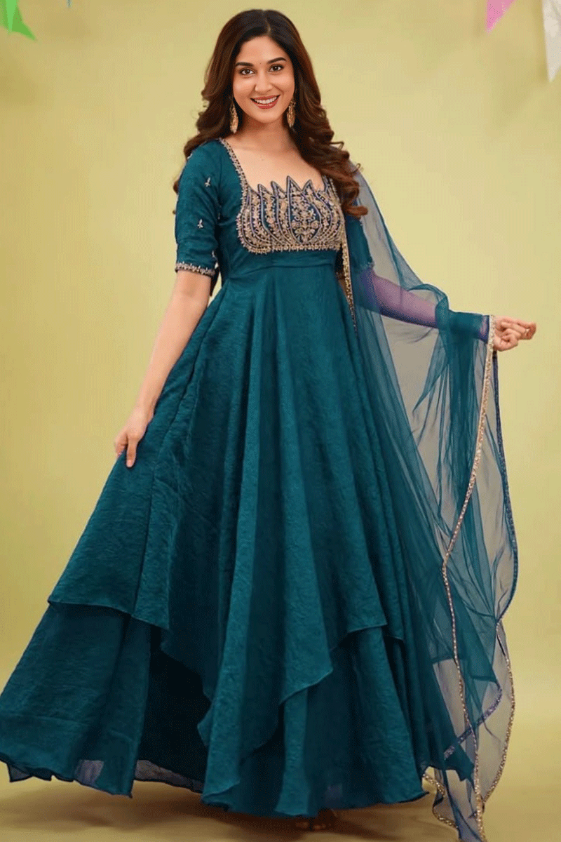 Traditional Designer Firozi Color Anarkali Dress Suit For Diwali