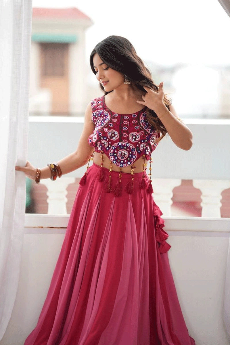 Rayon Fabric Real Mirror Work Lehenga Choli For Garba Queen