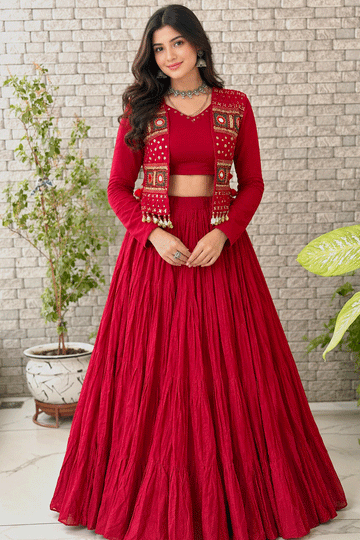 Fully Stitched Embroidery With Real Mirror Work Lehenga Choli For Raas Ramzat