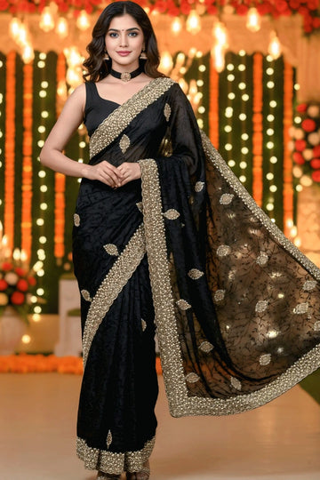 Black Color Diamond Work Saree For Reception Party