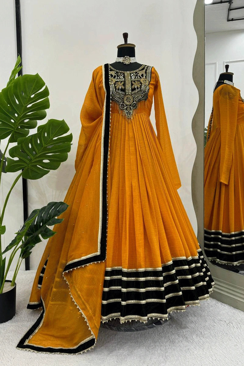 Mustard Long Gown With Dupatta For Wedding Function