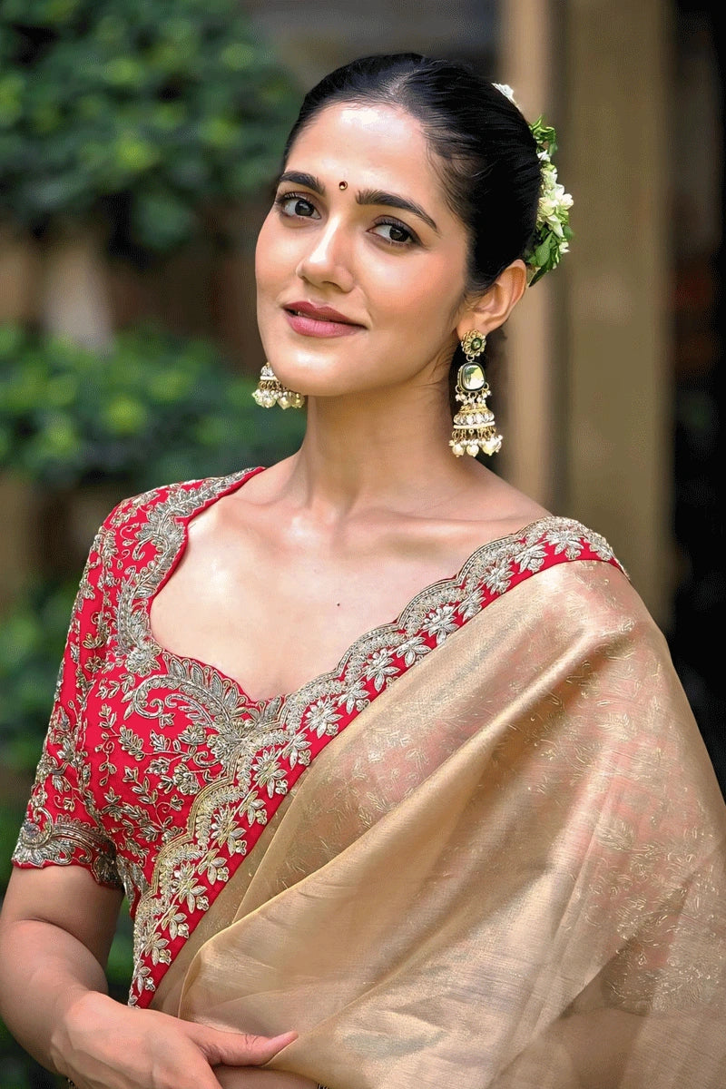 Traditional Golden Embroidery Work Saree For Pooja