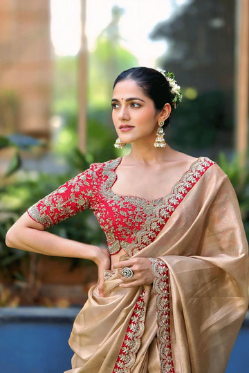 Traditional Golden Embroidery Work Saree For Pooja