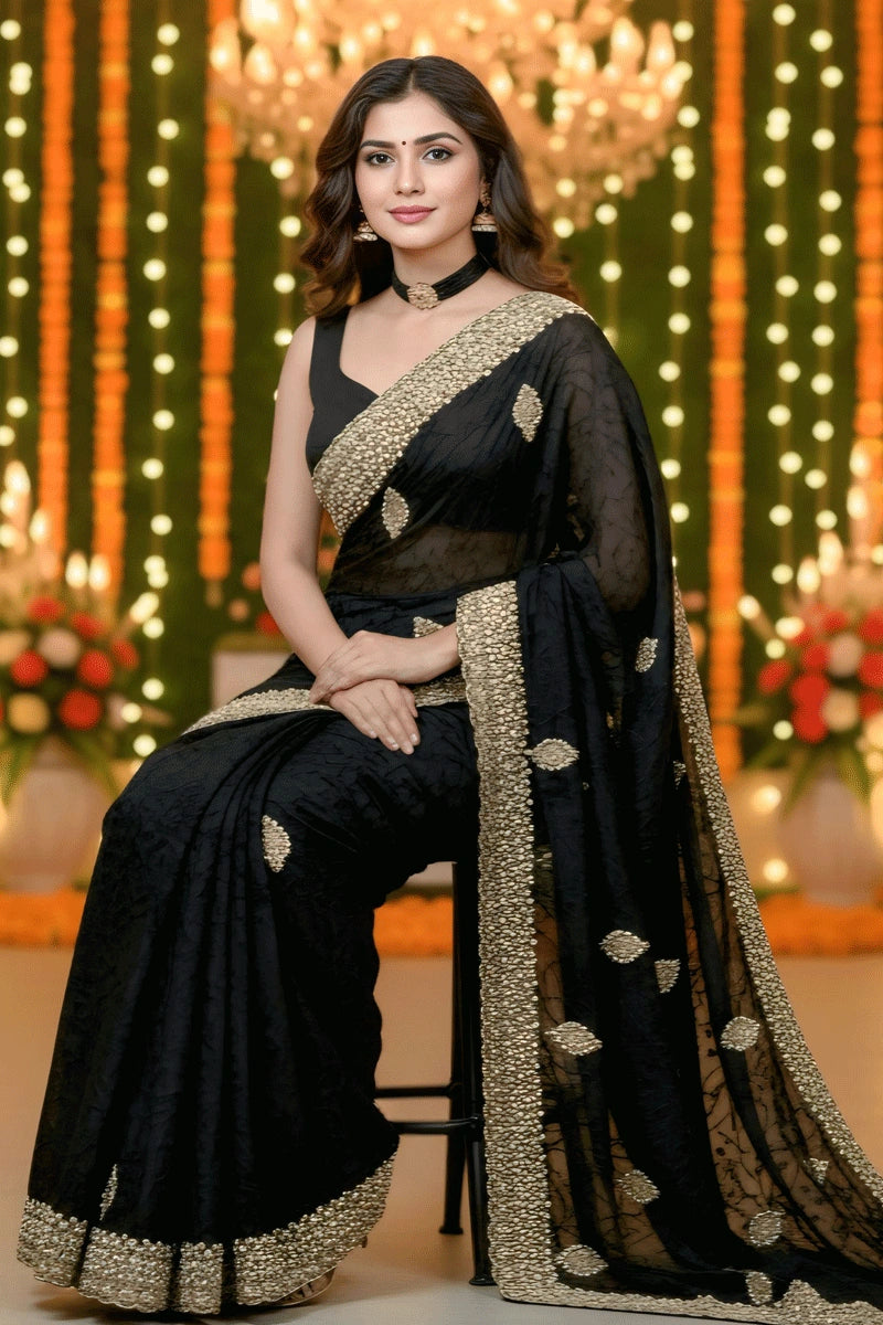 Black Color Diamond Work Saree For Reception Party