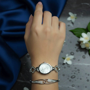 Stylish Silver Diamond Watch & Bracelet Set