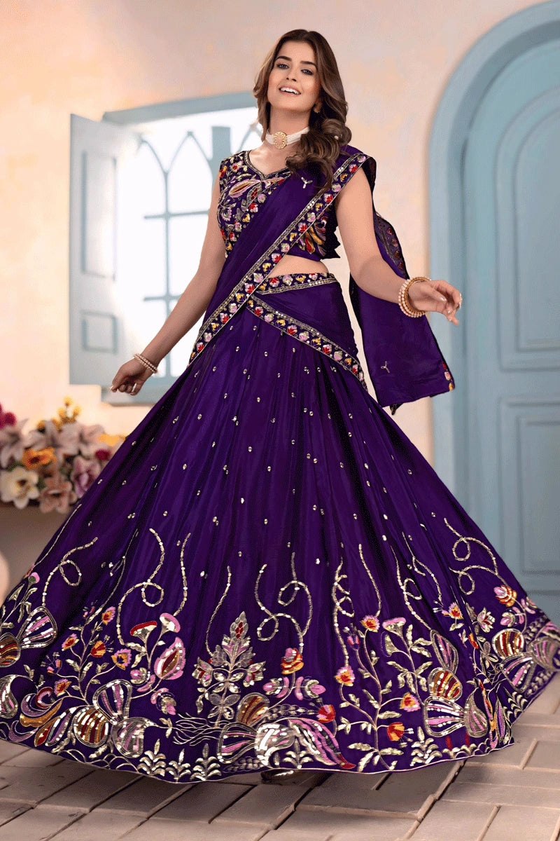 Purple Color Embroidery Work Lehenga Choli For Wedding